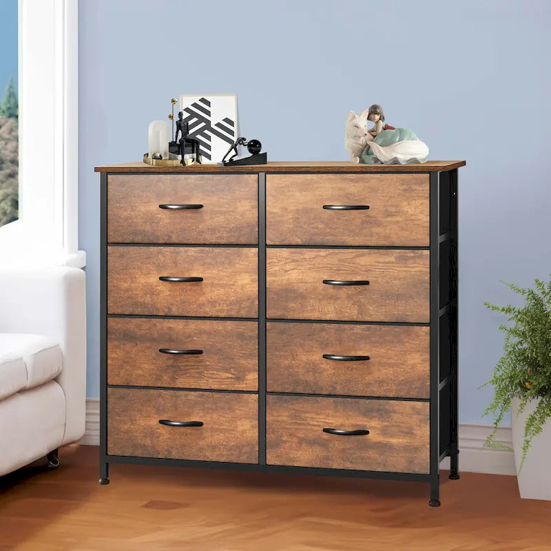 Rustic Wood-grain Bedroom Dresser with Metal Frame, Wooden Top