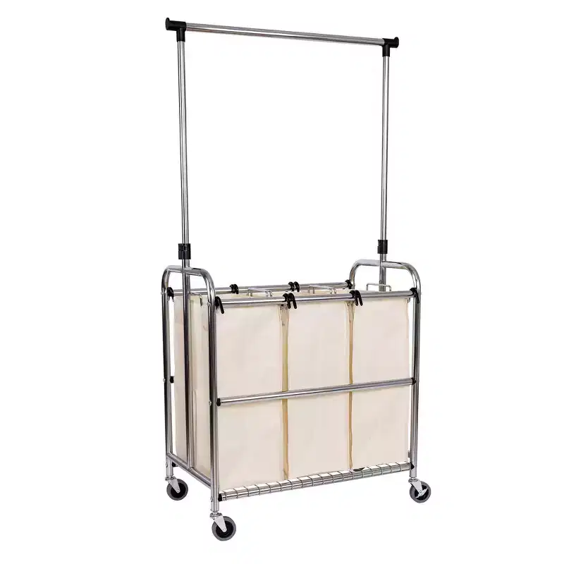 Seville Classics Rolling 3-Bag Steel Laundry Sorter w/ Hanging Bar