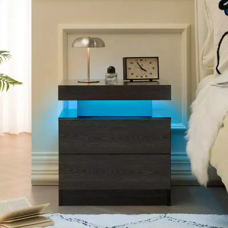 Modern Nightstand with 2 Drawers – Black Woodgrain Bedside Table