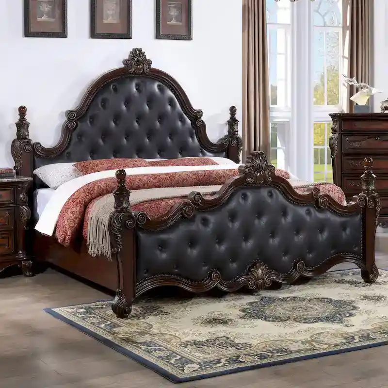 Traditional Faux Leather Button Tufted Four Poster Panel Bed