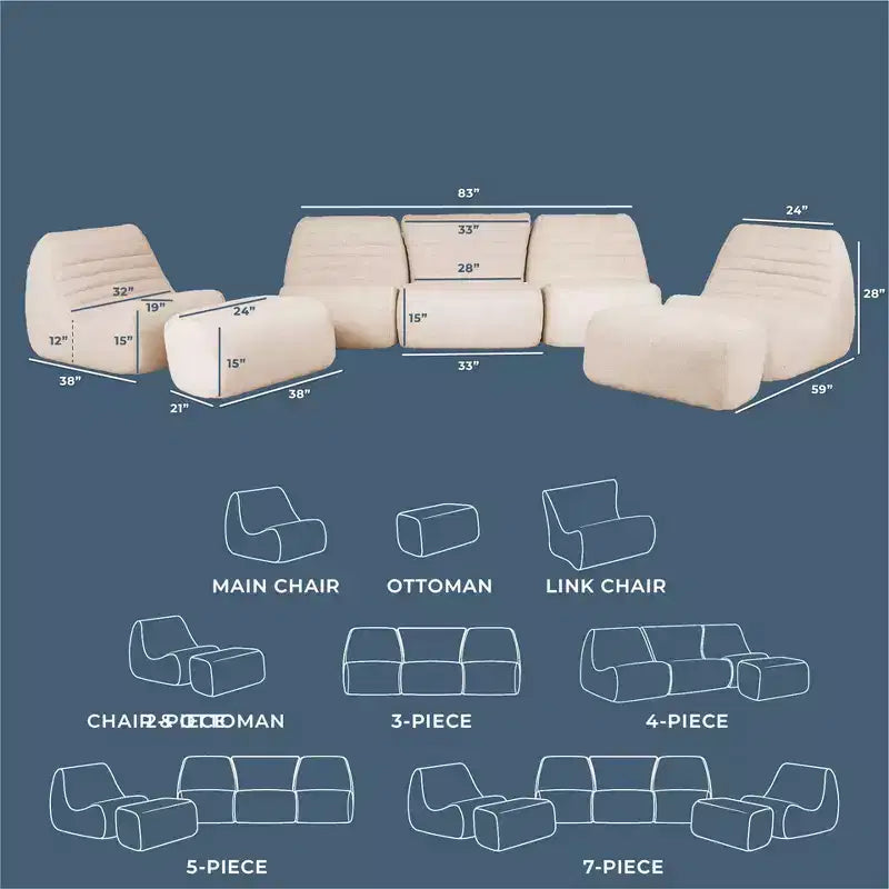 Big Joe Solvana Outdoor Patio Furniture Set, Performance Linen Weather-Resistant Fabric Sofa, 7 Piece Sectional, Sunlit Cream