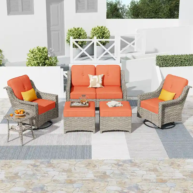 HOOOWOOO 6-piece Wicker Furniture Patio Loveseat Sofa Conversation Set with Swivel Chair