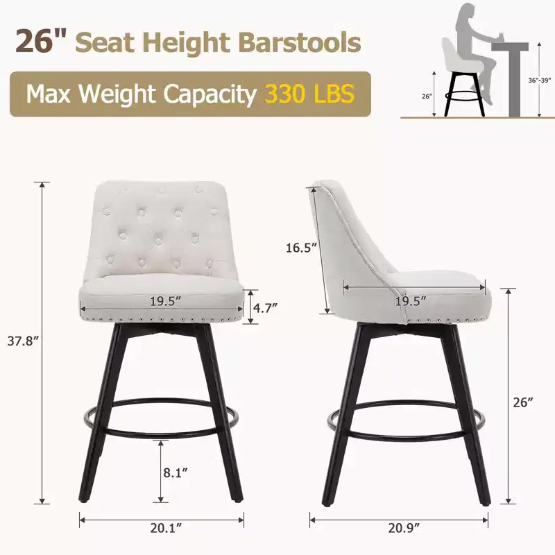 Bar Stools, Set of 4 Counter Height 26 in H Swivel Bar Stools with Back, Wood Legs Upholstered Linen Beige
