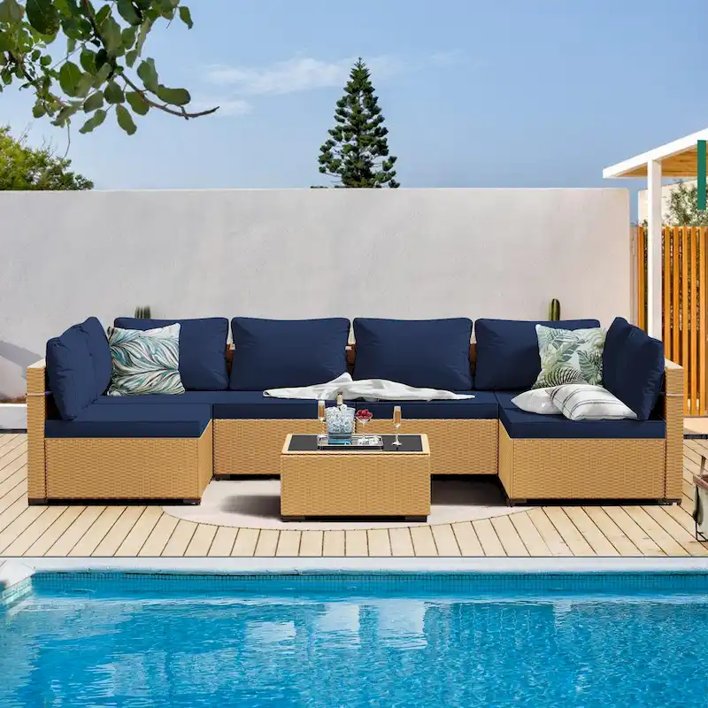 Patio Watcher 7-Piece Patio Yellow Wicker Sectional Seating Group with Cusions and Side Table