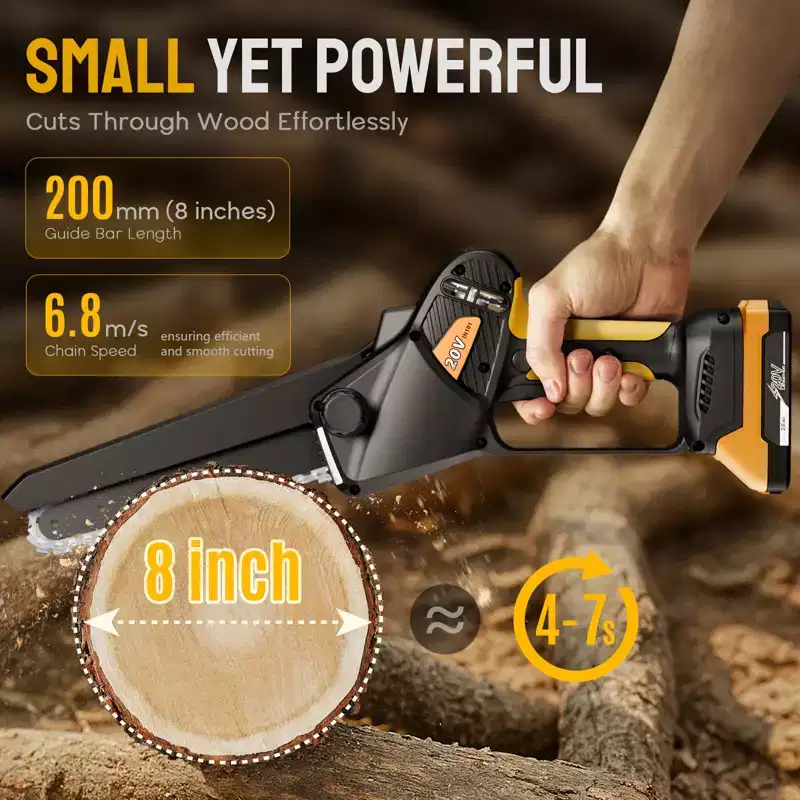 Cordless 8 in Mini Chainsaw Brushless Motor 20V Battery Auto-Oiling Safety Lock