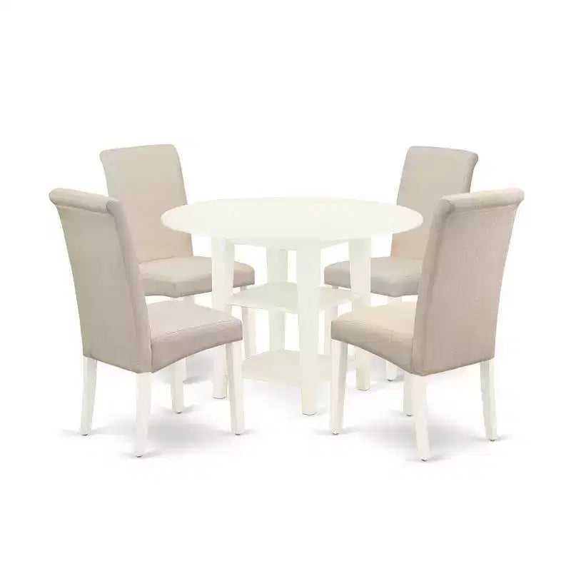 5-Pc Round Linen White Finish Solid Wood Top-Dining Room Set with Dropleaf-Seats 4