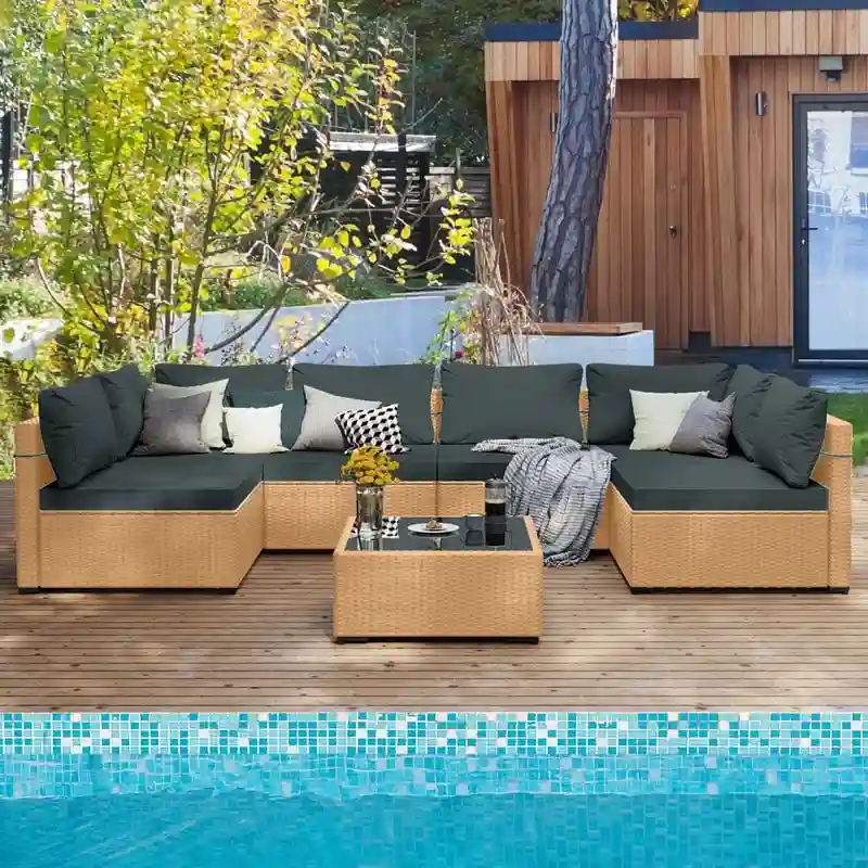 Patio Watcher 7-Piece Patio Yellow Wicker Sectional Seating Group with Cusions and Side Table