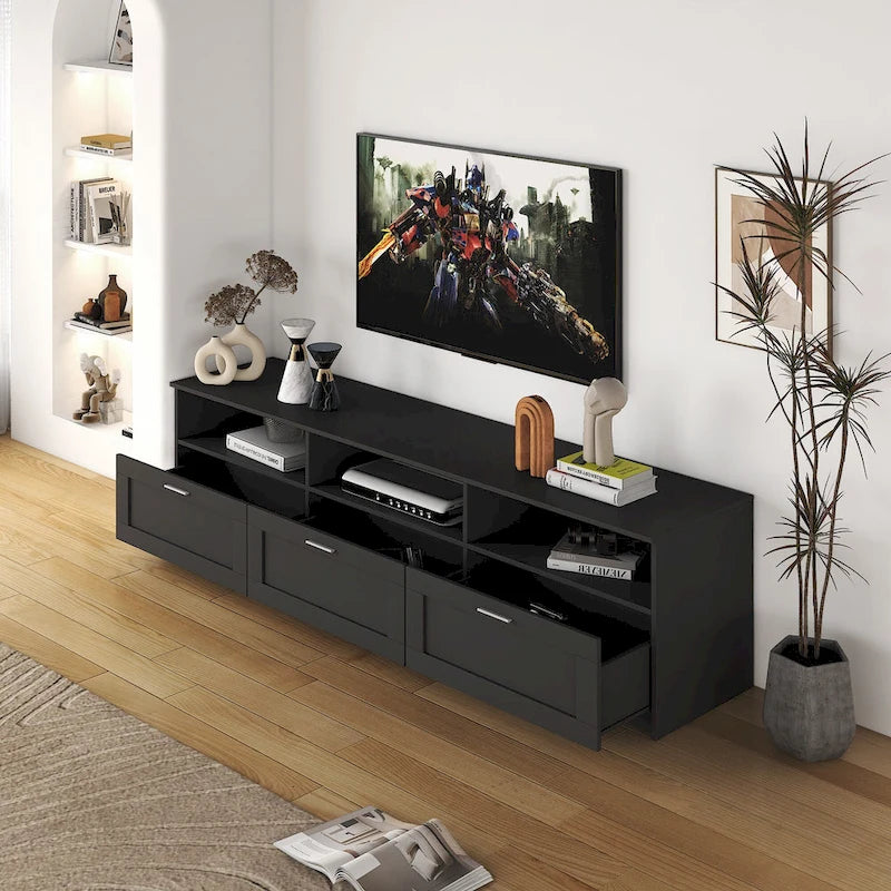 70.87 TV Stand | 3 Open Shelves & 3 Drawers | Black | High-Density Board | Fits 80 TV