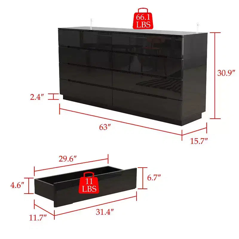 8 Drawer Dresser with Underlight - High Gloss Modern Chest of Drawers