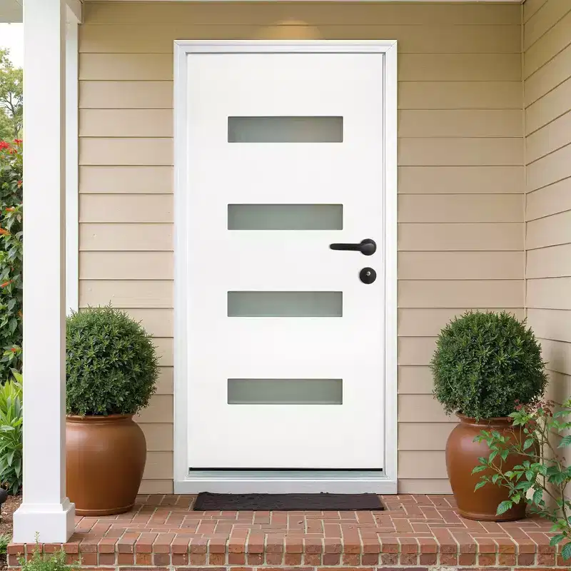 PexFix 36x80 4-Lite Exterior Frosted Glass Prehung Front Entry Door Primed Interior Fiberglass Entrance Door White Left Hand Inswing w/ Vinyl Frame