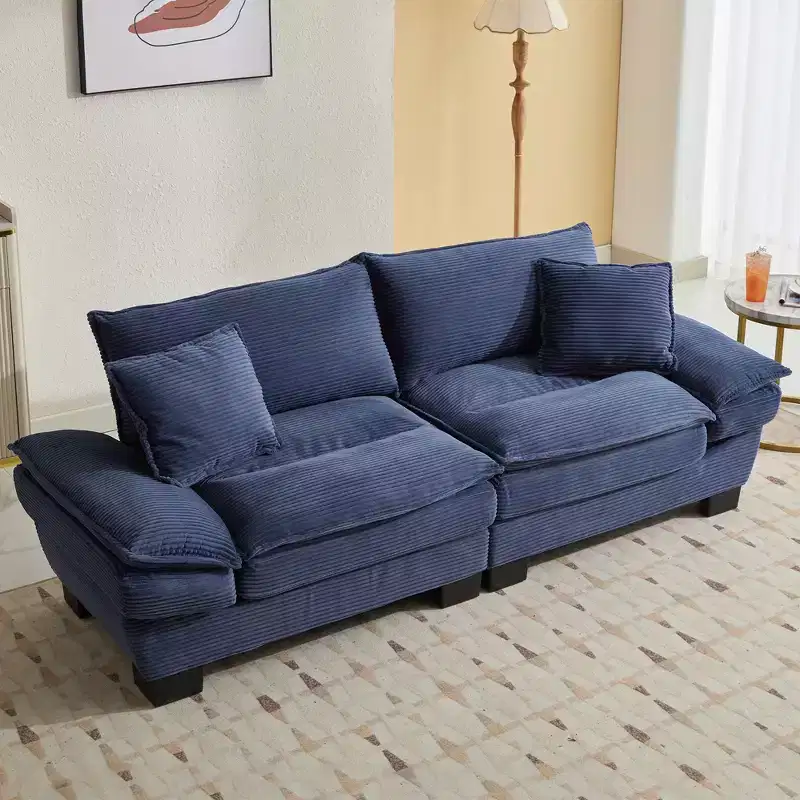 Corduroy Loveseat Upholstered Deep Seat Comfortable Sofa with Pillows for Bedroom Living Room Office Blue
