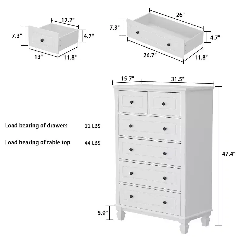Famapy White Modern 6 Drawers Vertical Dresser with Sturdy Legs and Metal Handles