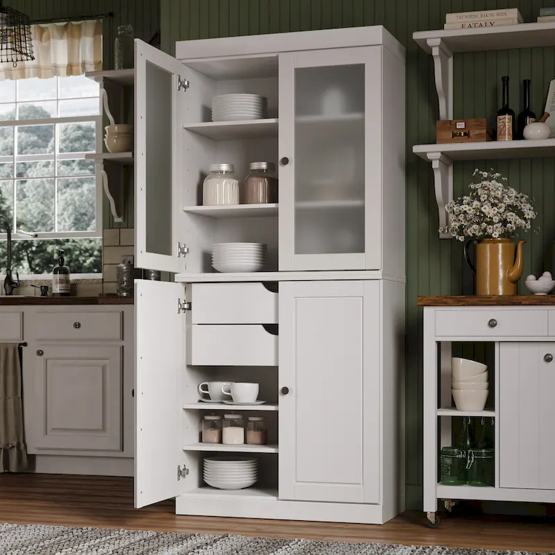 Armoire de rangement 100 % bois massif avec portes en verre dépoli, portes pleines, 2 tiroirs et étagères réglables.