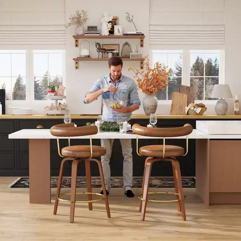 TYBOATLE Swivel Bar Stools Set of 2, Mid-Century Modern Counter Height Chairs with Curved Backrest and Solid Wood Leg
