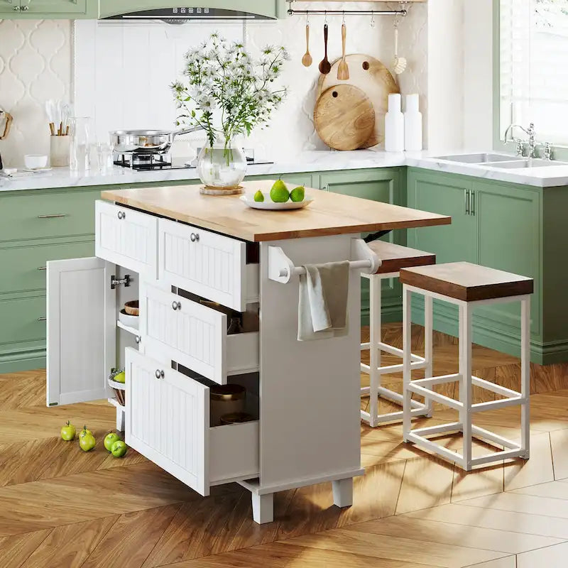 TOPMAX Kitchen Island Set with Drop Leaf and 2 Seatings, Dining Table Set with Adjustable Shelf, Drawers and Towel Rack
