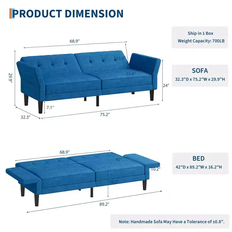 89 Inch Sofa Bed, Modern Chenille Convertible Sleeper Couch with Adjustable Backrest & Armrest, Oversized Loveseat