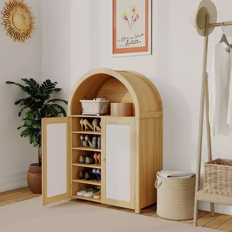 5 Tier Arched Shoe Storage Cabinet with Rattan Doors and Adjustable Shelves for Entryway, Hallway, Living Room, Natural Wood