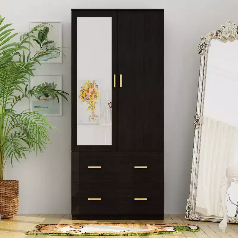 Hitow Armoire Double Drawer Mirrored Door Closet Zoned Storage