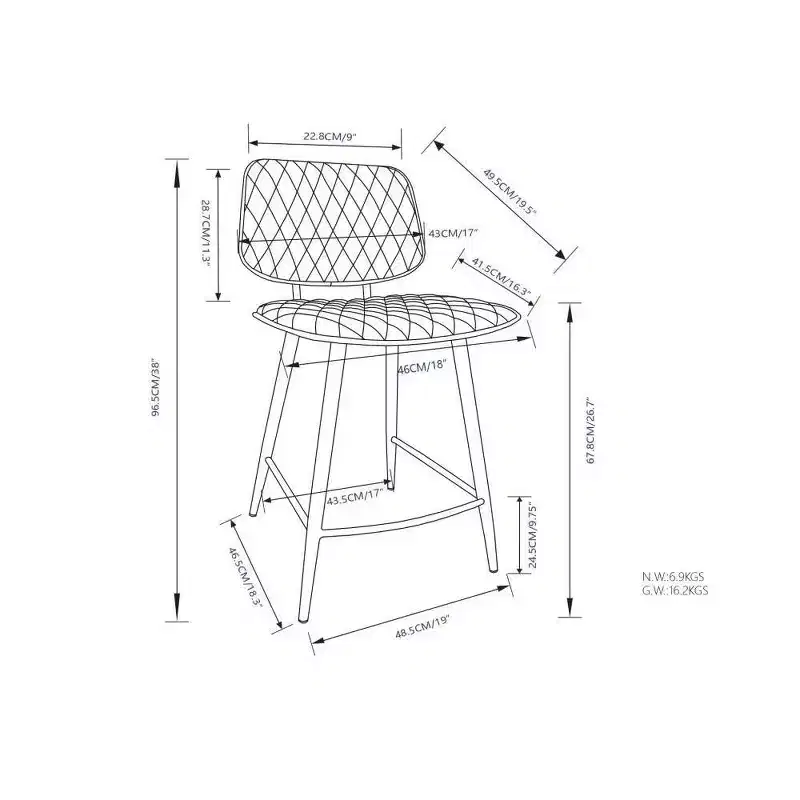 WyndenHall Set of 2 Skyla Counter Height Barstool Charcoal Gray: Quilted Diamond Detail, Plywood Frame, Foam Filled