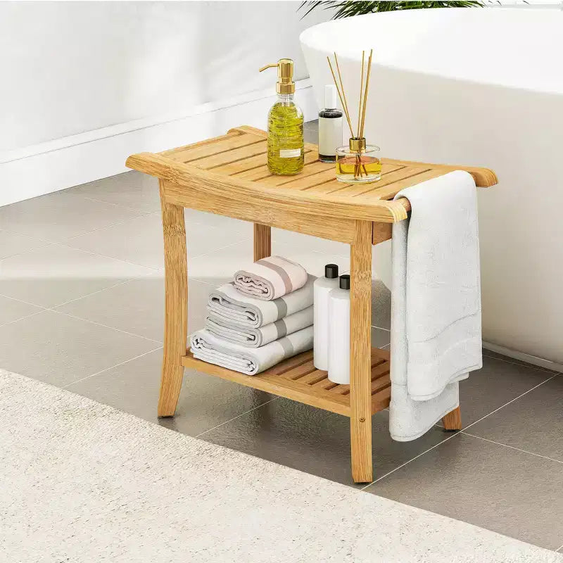 Bamboo Shower Bench with Storage Shelf Waterproof Bath Stool with Handles Non-Slip Pads 330 lb Capacity for Spa Bathroom Seniors