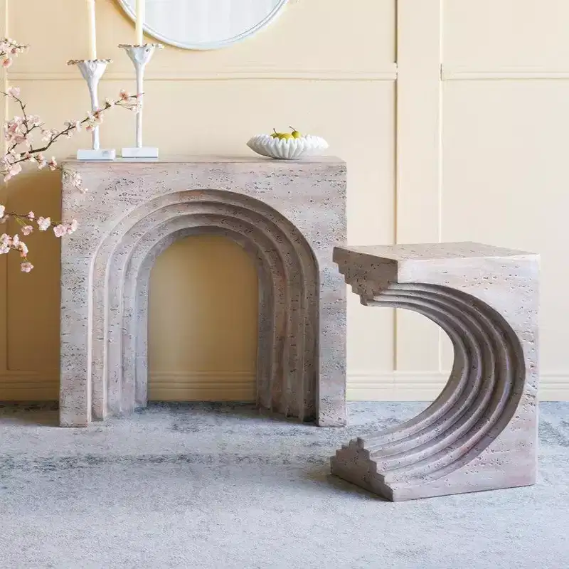 GDFStudio Taehyung Modern Lightweight Concrete Sculptural Arched Side Table with Faux Travertine Finish