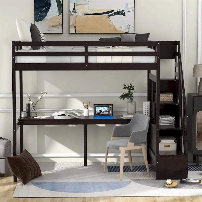 Twin Size Loft Bed with Staircase and Built-in Desk