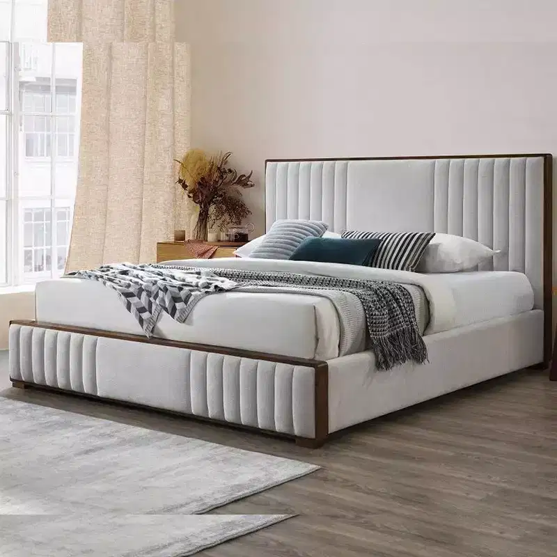 87.4" Eastern King Bed Kaleea Bed Light Gray Chenille Walnut Finish - Acme Furniture
