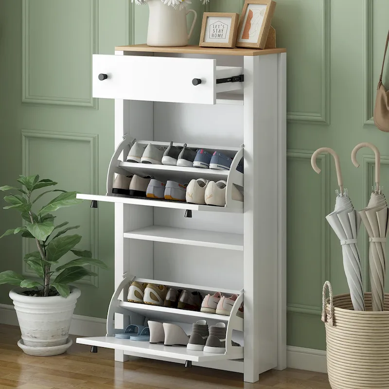 Functional Entryway Organizer with 2 Flip Drawers, Wood Grain Pattern Top Shoe Cabinet with Drawer