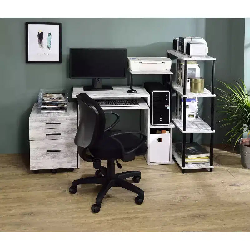 TUYOHW Weathered Oak Finish Computer Desk,Writing Desk with Keyboard Tray,Storage Compartment & Shelf,Metal Frame,Office Desk for Small Spaces