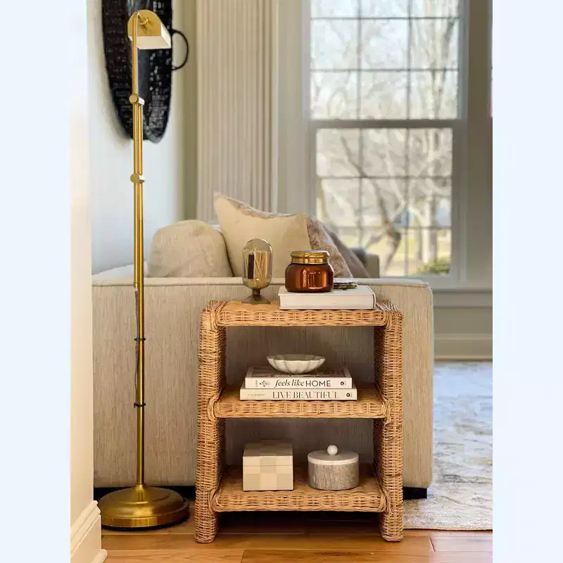 JONATHAN Y Praerie 22 Coastal Bohemian Rattan/Wood 3 Tier End Table, Natural