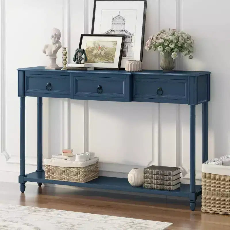Console, Sofa Table with 3 Projecting Drawers, Botton Long Open Shelf Rustic Mufti-Functional Home Furniture for Entryway Navy Blue