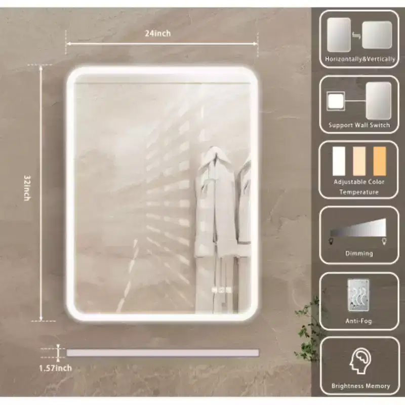24 X 32 Rectangular Framed Dimmable Anti-Fog LED Wall Bathroom Vanity Mirror Lighted Mirror