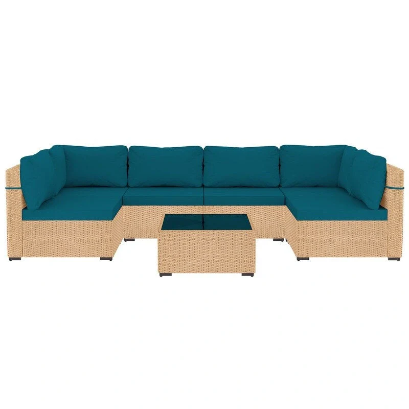 Patio Watcher 7-Piece Patio Yellow Wicker Sectional Seating Group with Cusions and Side Table