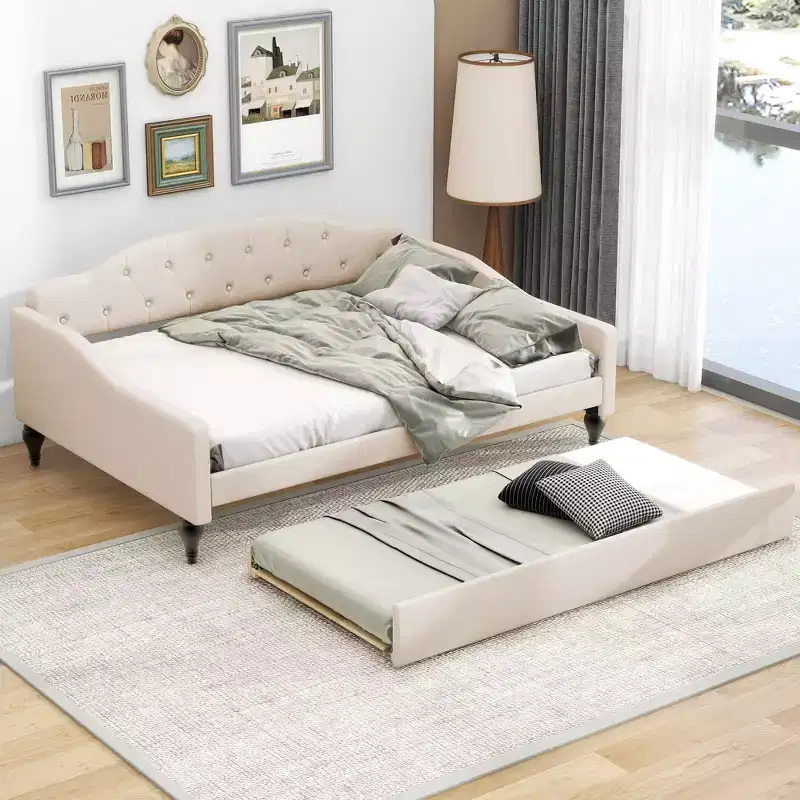 Beige Full Size Button-Tufted Upholstered Daybed, Single