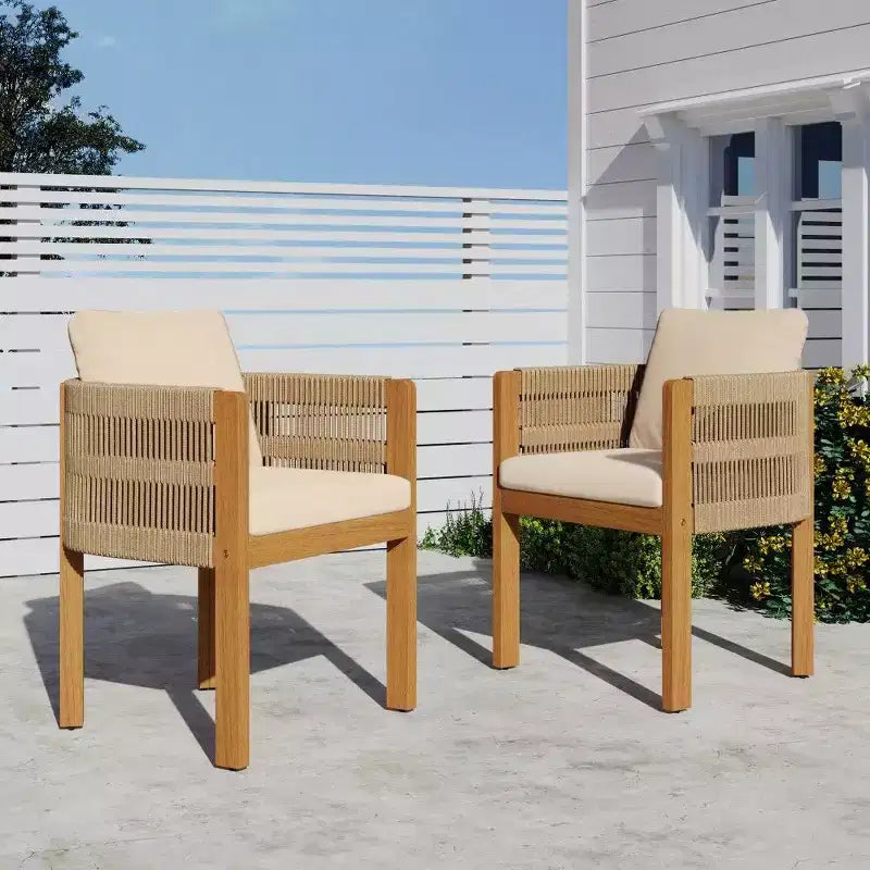 TUYOHW Acacia Wood Outdoor Dining Chairs Set of 2,Patio Chairs Rope with Handles & Washable Cushions for Backyard,Garden,400lb Capacity