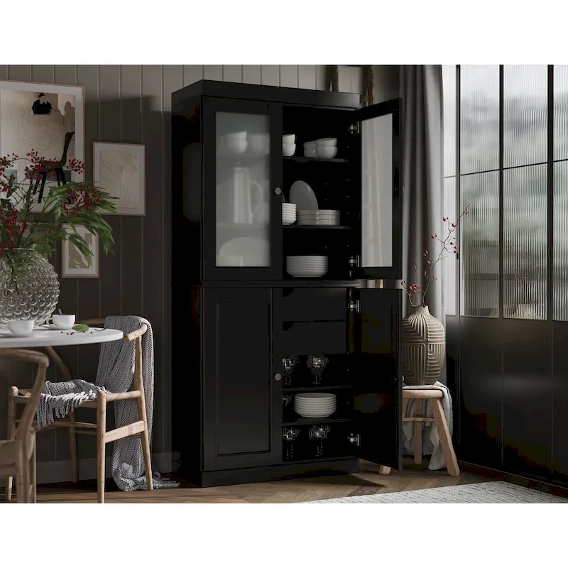 Armoire de rangement 100 % bois massif avec portes en verre dépoli, portes pleines, 2 tiroirs et étagères réglables.