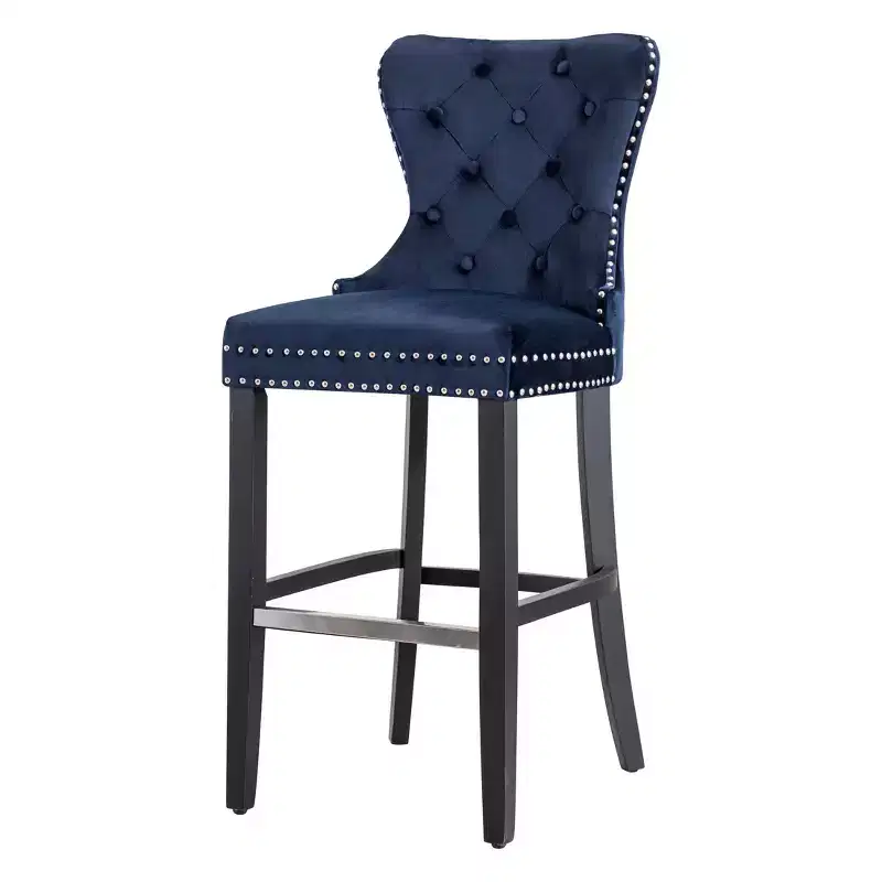 29 Tufted Upholstered Velvet Bar Stool with Metal Footrest, Velvet Navy Blue