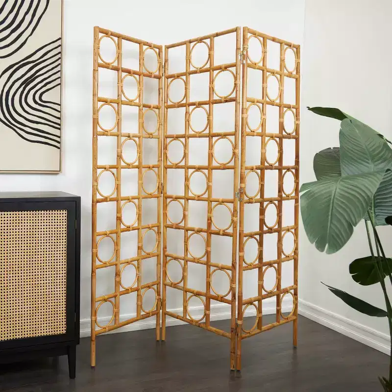 Olivia & May Rattan Handmade Woven 3 Panel Room Divider Screen with Open Frame Design Brown: Nautical Coastal Beach Style, No Assembly Required