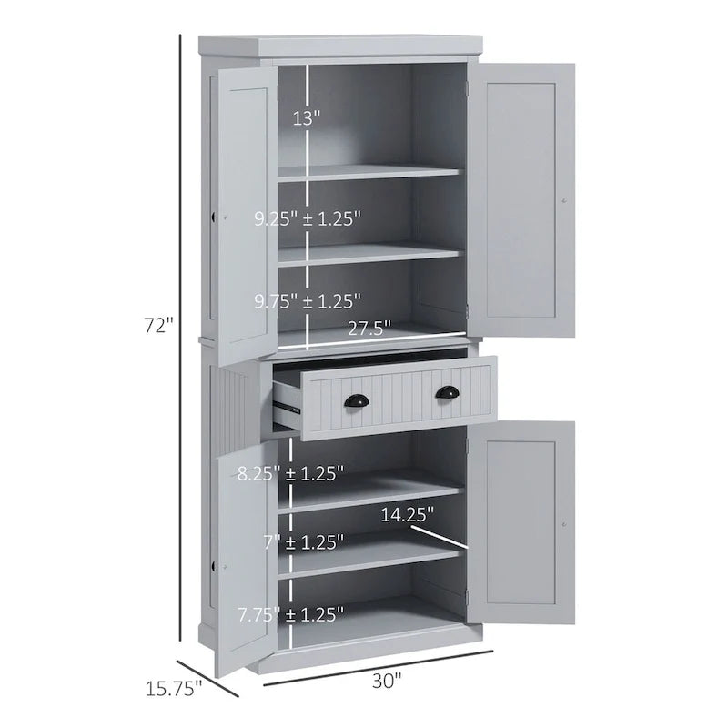 72 Kitchen Pantry Storage Cabinet, Traditional Freestanding Cabinet with 4 Doors and 3 Adjustable Shelves, Large Central Drawer
