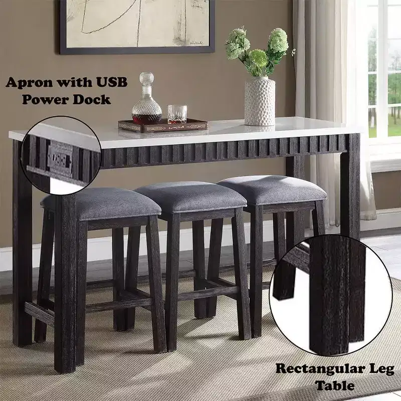 60" Necalli Marble Top Counter Height Dining Set Weathered Espresso - Acme Furniture: 4-Piece, Microfiber Seats, Sled Base