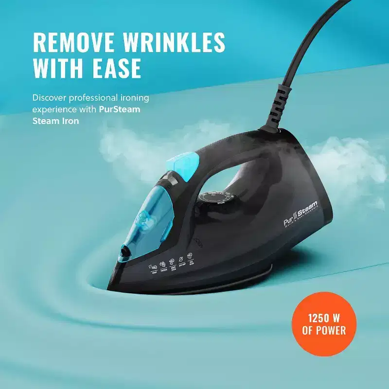 PurSteam 1200W Professional Steam Iron, Burst/Spray & Non-Stick Soleplate, Auto Shut-Off