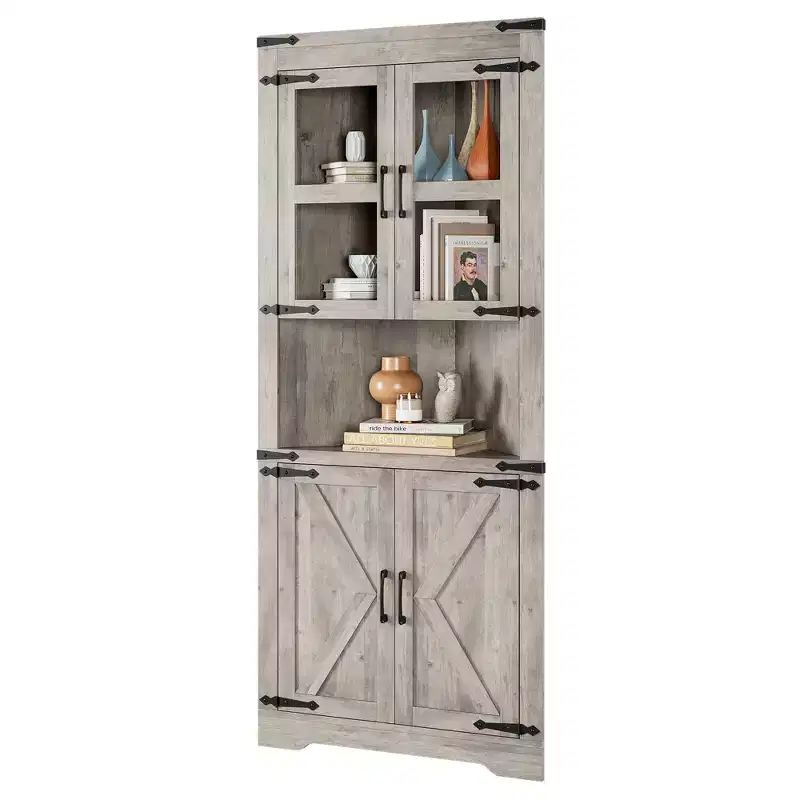 67 Inch Tall Corner Cabinet with Glass Door, Freestanding Wooden Corner Storage Cabinet with Adjustable Shelves, Space Saving Design, for Bathroom