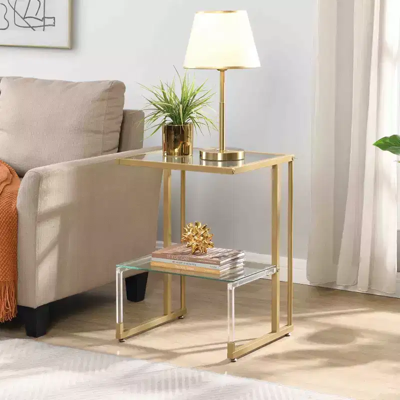 Okak Modern C-Shape 2-Tier Side Table with Glass Tabletop and Shelf, End Table with Metal Frame, Couch Table for Living Room, Bedroom, Gold