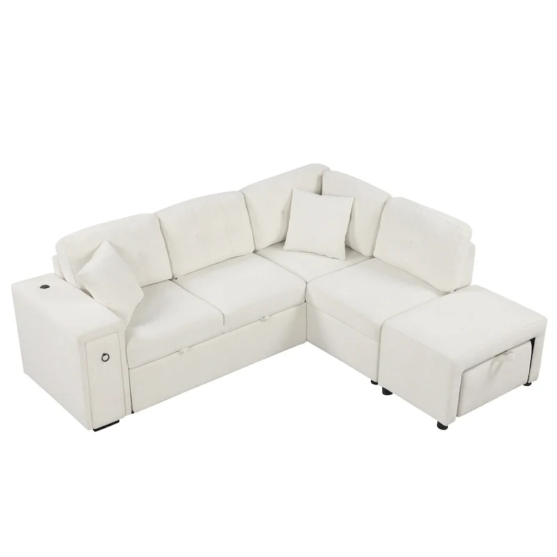 L-Shaped 4-Seat Sectional Sofa with Pull-Out Bed, Ottoman, USB Ports & Drop-Down Table