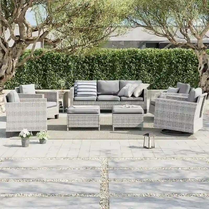 LIVOOSUN 8Pcs Patio Rocking Swivel Chair Sectional Brown Wicker Ottoman Sofa Set