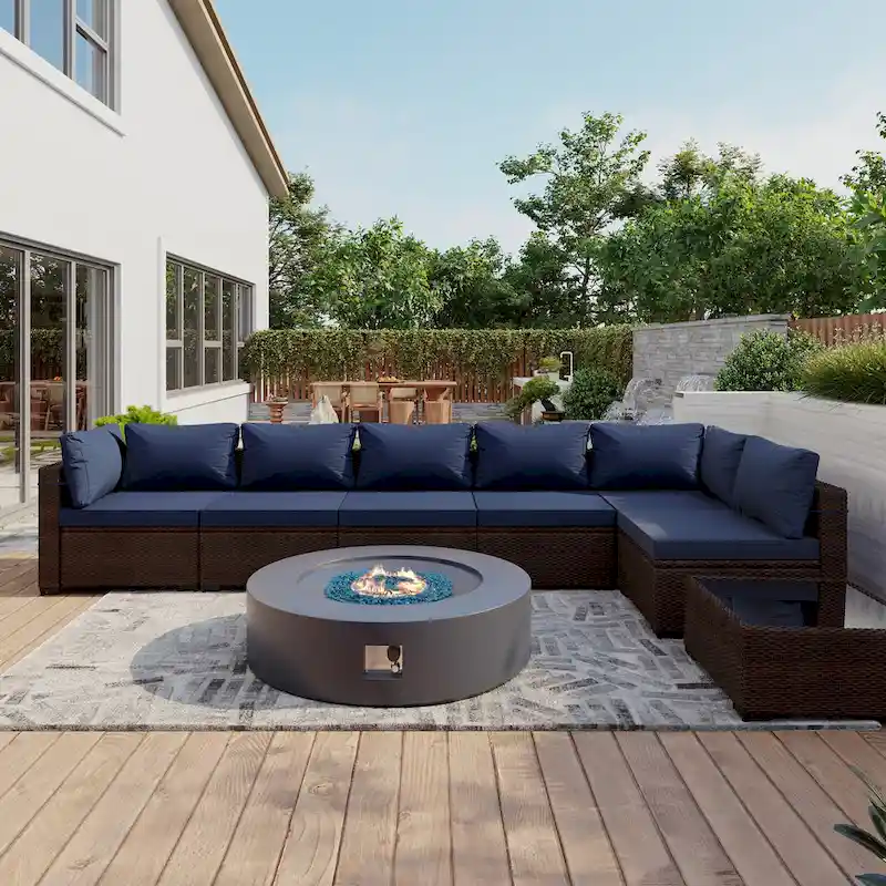 UPHA 8 Pieces Patio Furniture Set with 50,000 BTU Propane Fire Pit Table, Beige / Navy Blue Cushions