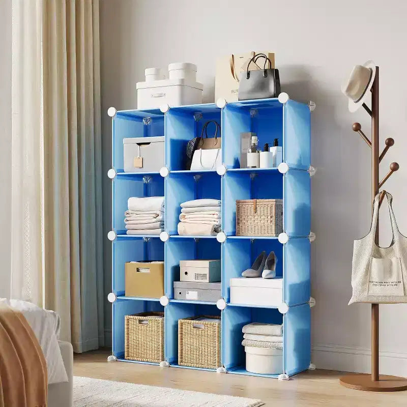 12-Cube PVC Storage Organizer, Multifunctional Cabinet with Stackable Design for Home Office, Blue