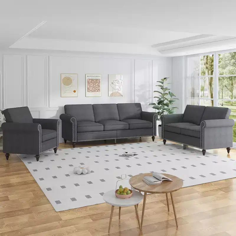 Mjkone 3 Piece Linen Living Room Sofa Set,Modern 3-Seater Sofa Couch&Loveseat Sofa&Single Sofa Armchair Set