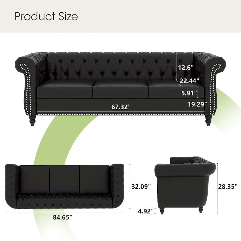 84 Mid-Century Modern 3-Seater Chesterfield Sofa, PU Leather, Birch Legs, 660 lbs