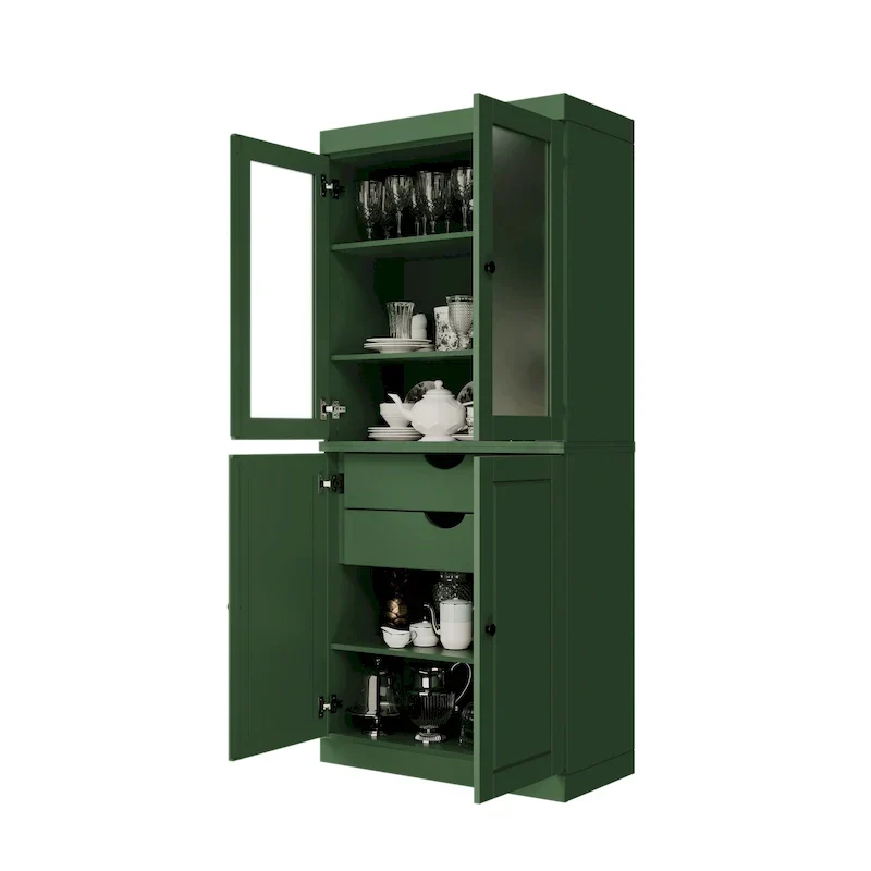 Armoire de rangement 100 % bois massif avec portes en verre dépoli, portes pleines, 2 tiroirs et étagères réglables.